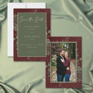 Elegant Winter Berries Pine Burgundy Wedding Photo Save The Date
