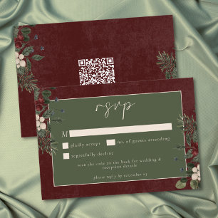 Elegant Winter Berries & Pine Burgundy Wedding QR RSVP Card