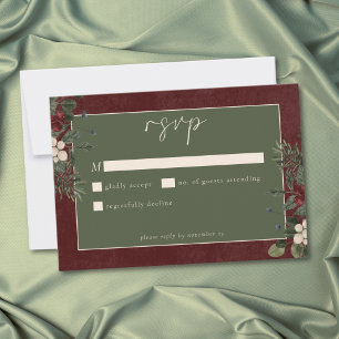 Elegant Winter Berries & Pine Burgundy Wedding RSVP Card