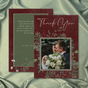 Elegant Winter Berries & Pine Burgundy Wedding Thank You Card