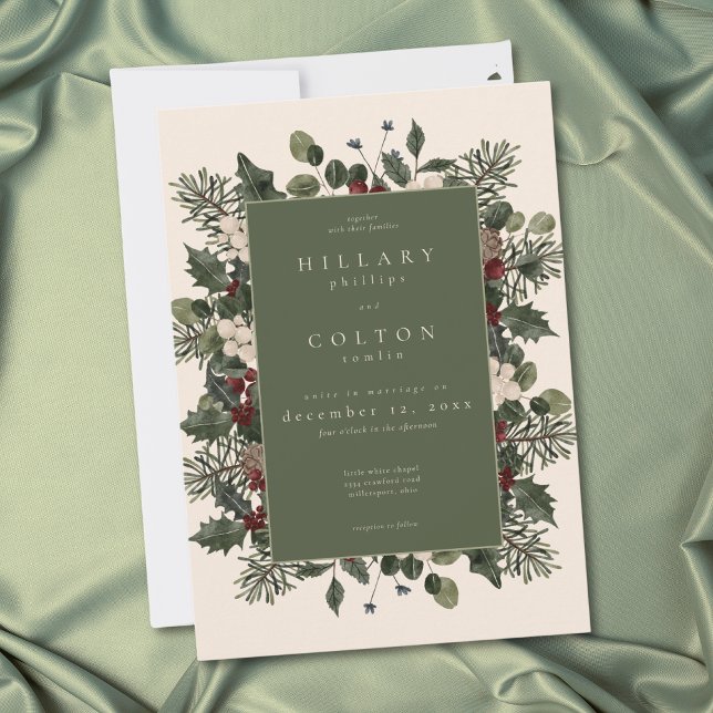 Elegant Winter Berries & Pine Ivory Wedding Invitation (Elegant Winter Berries & Pine Ivory Wedding Invitation)