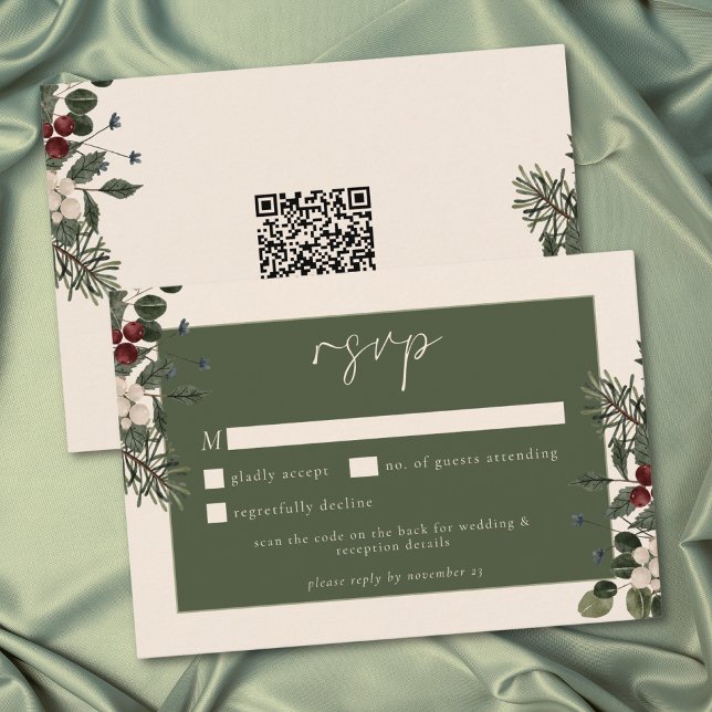 Elegant Winter Berries & Pine Ivory Wedding QR RSVP Card (Elegant Winter Berries & Pine Ivory Wedding QR RSVP Card)