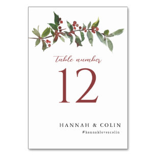 Elegant Winter Berries Red Green Watercolor Table Number