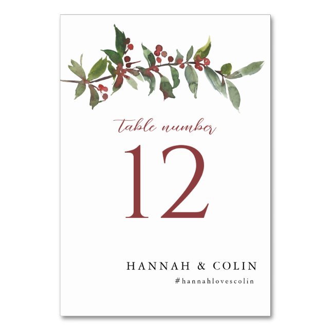 Elegant Winter Berries Red Green Watercolor Table Number (Front)