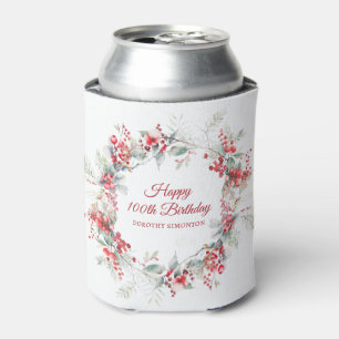 Elegant Winter Berry Botanical 100th Birthday Can Cooler
