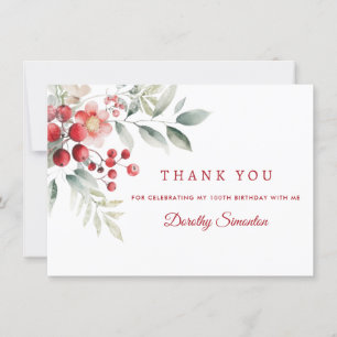 Elegant Winter Berry Botanical 100th Birthday Flat Thank You Card