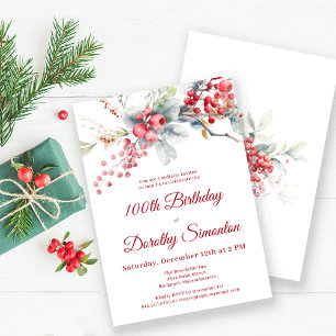 Elegant Winter Berry Botanical 100th Birthday Invitation