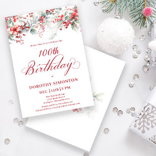 Elegant Winter Berry Botanical 100th Birthday Invitation