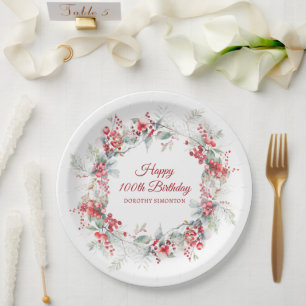 Elegant Winter Berry Botanical 100th Birthday  Paper Plate