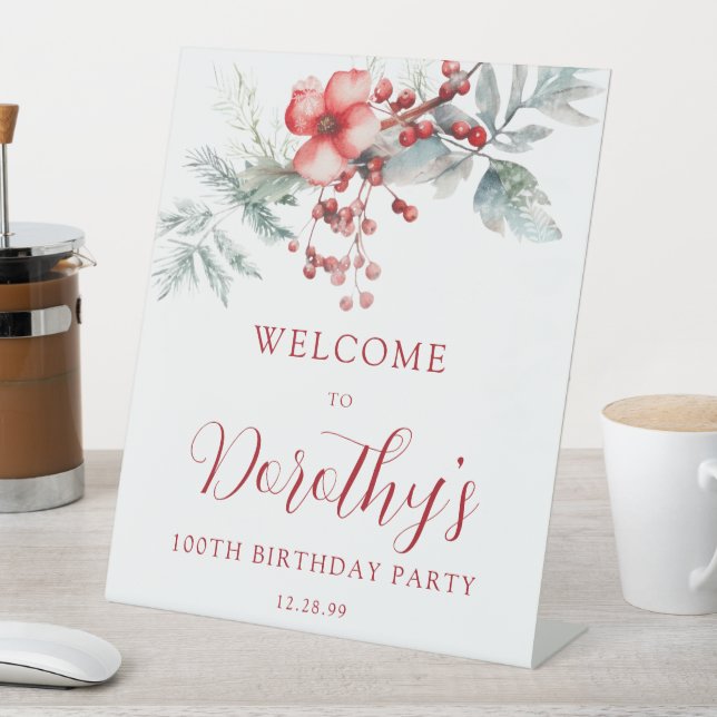 Elegant Winter Berry Botanical 100th Birthday Pedestal Sign (In SItu)