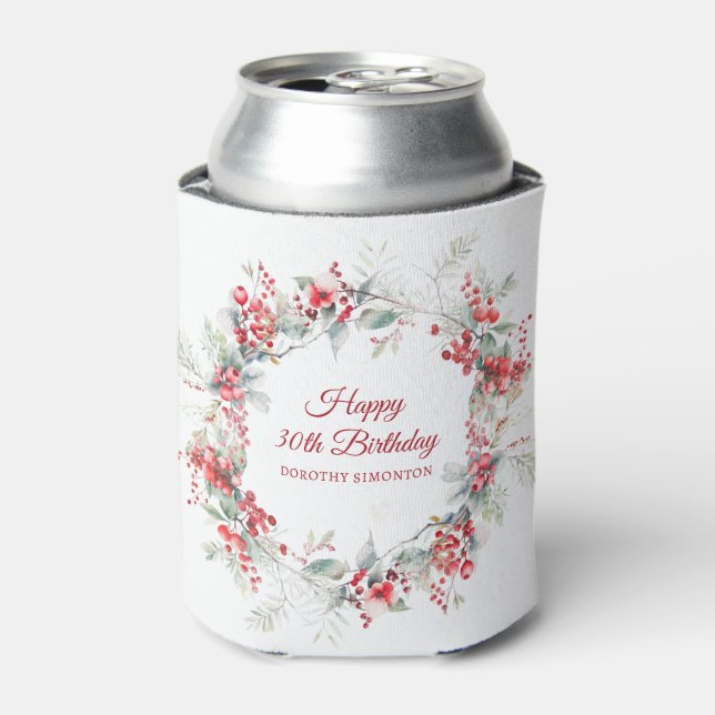 Elegant Winter Berry Botanical 30th Birthday Can Cooler (Can Front)