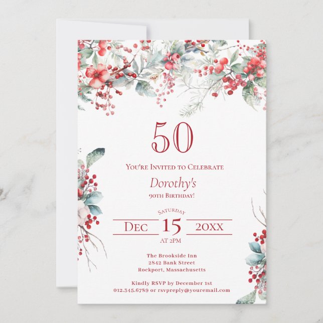 Elegant Winter Berry Botanical 50th Birthday Invitation (Front)
