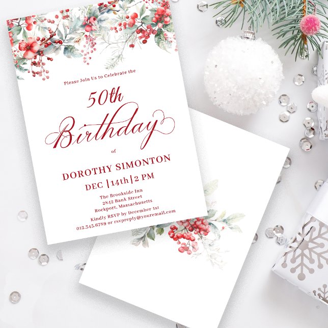 Elegant Winter Berry Botanical 50th Birthday Invitation (Creator Uploaded)