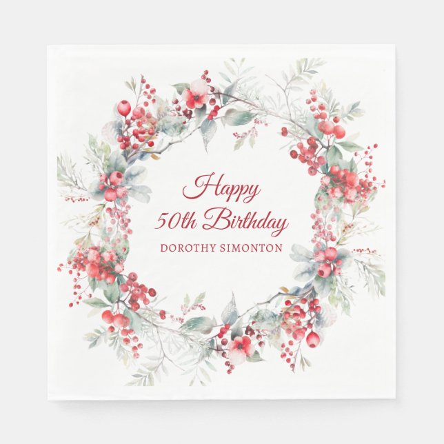 Elegant Winter Berry Botanical 50th Birthday Napkin (Front)
