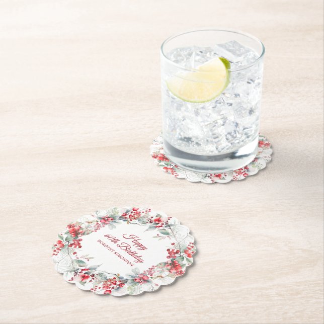 Elegant Winter Berry Botanical 60th Birthday Paper Coaster (Insitu)