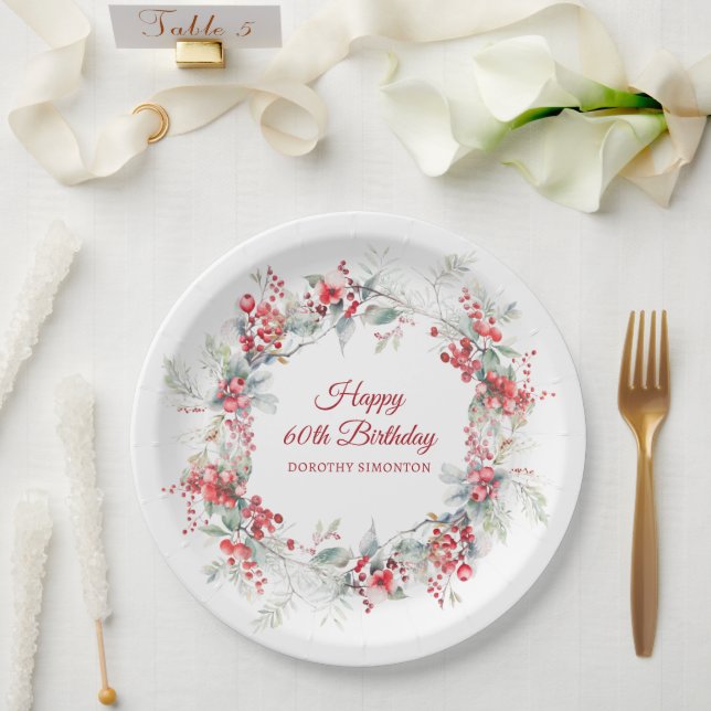 Elegant Winter Berry Botanical 60th Birthday Paper Plate (Wedding)