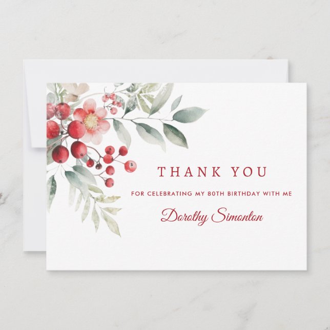 Elegant Winter Berry Botanical 80th Birthday Flat Thank You Card (Front)