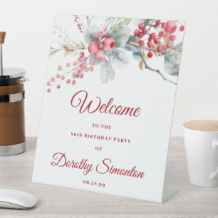 Elegant Winter Berry Botanical 80th Birthday Pedestal Sign