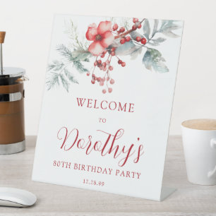 Elegant Winter Berry Botanical 80th Birthday Pedestal Sign