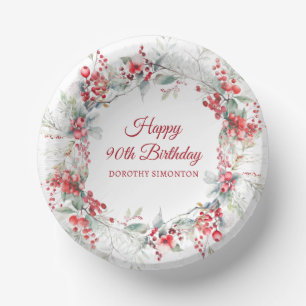 Elegant Winter Berry Botanical 90th Birthday Paper Plate