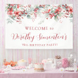 Elegant Winter Berry Botanical 90th Birthday Party Banner<br><div class="desc">Welcome guests to your 90th birthday party with this elegant winter floral welcome sign. A pretty arrangement of deep red berries, flowers and soft sage green leaves decorate the sign. The birthday celebrant's name is written in a large trending script font. The remainder of the text is a classic upright...</div>