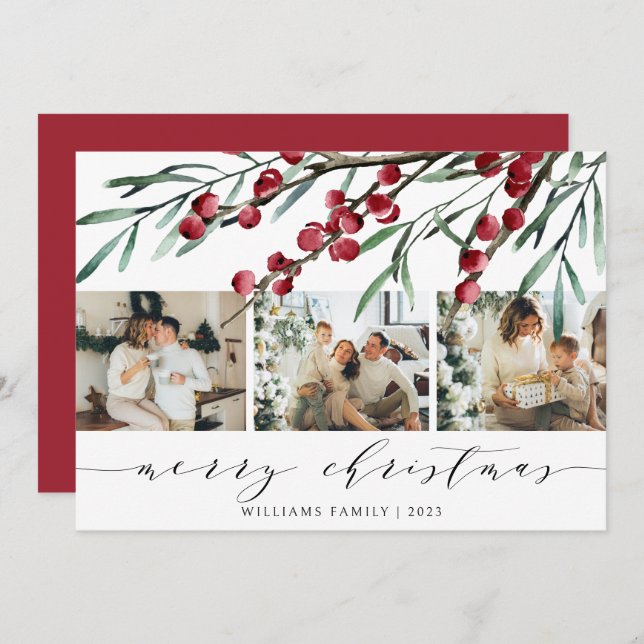 Elegant Winter Berry Script Christmas Three Photo Holiday Card (Front/Back)