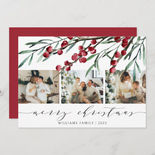 Elegant Winter Berry Script Christmas Three Photo Holiday Card