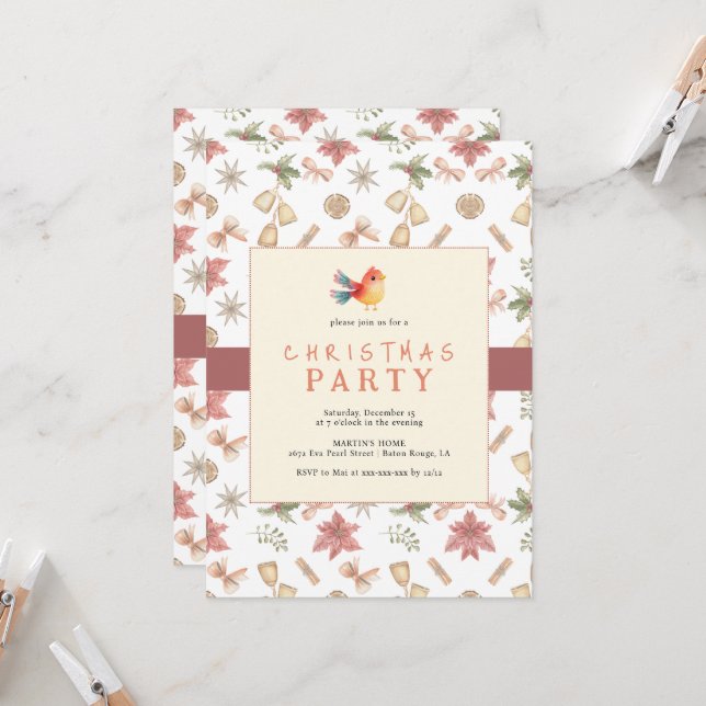 Elegant Winter Bird Christmas Dinner Invitation (Front/Back In Situ)
