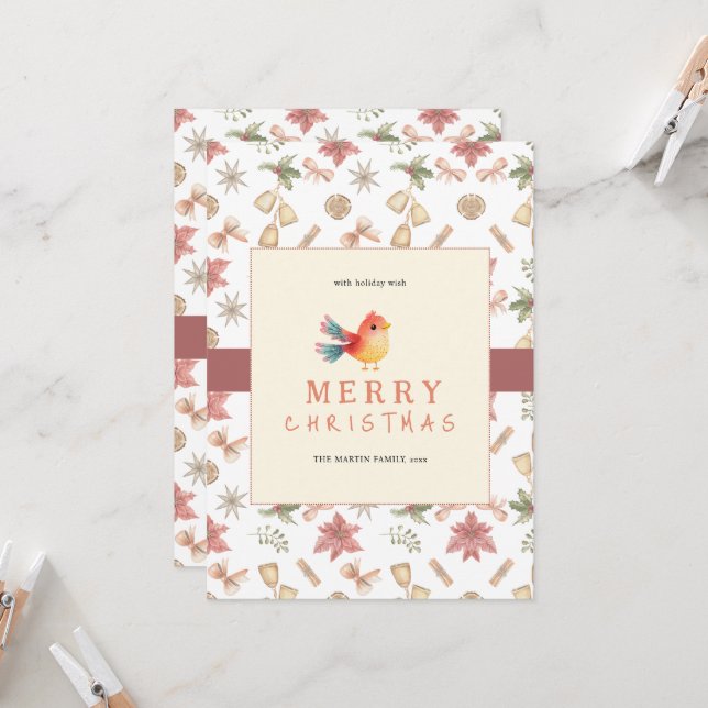 Elegant Winter Bird Christmas Greeting Card (Front/Back In Situ)