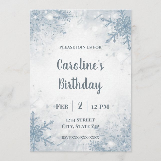 Elegant Winter Birthday Invitation – Snowflakes (Front)