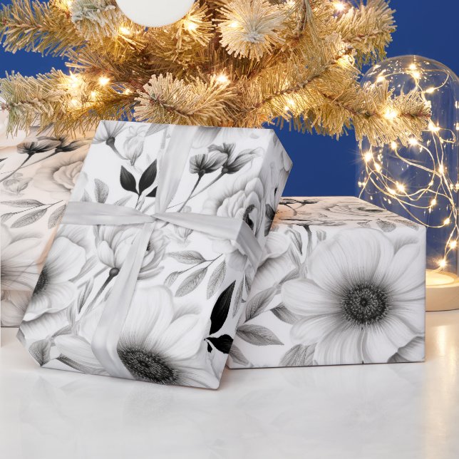 Elegant winter black and white floral Christmas Wrapping Paper (Holidays)