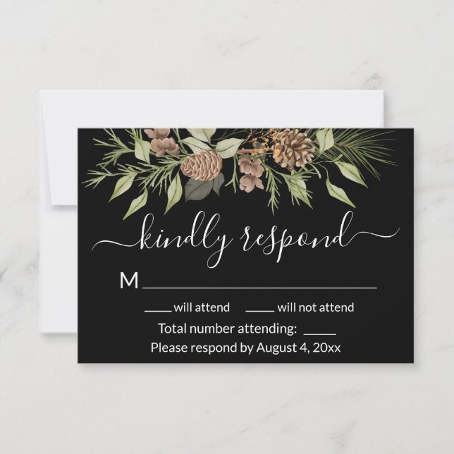 Elegant Winter Black Pine Wedding RSVP Card (Front)