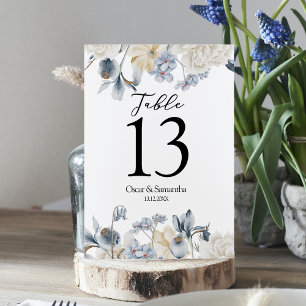 Elegant Winter Blue And White Flowers Table Number