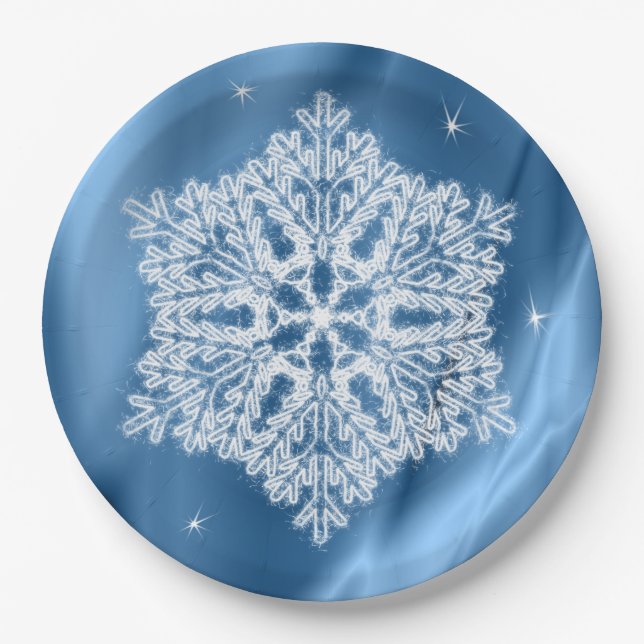 Elegant Winter Blue and White Snowflake Christmas Paper Plate (Front)