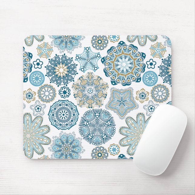 Elegant Winter Blue Fantasy Snow Flakes Pattern Mouse Mat (With Mouse)