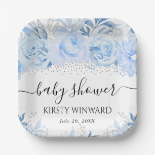 Elegant Winter Blue Floral Baby Shower Paper Plate