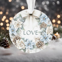 Elegant Winter Blue Floral Wreath Watercolor LOVE