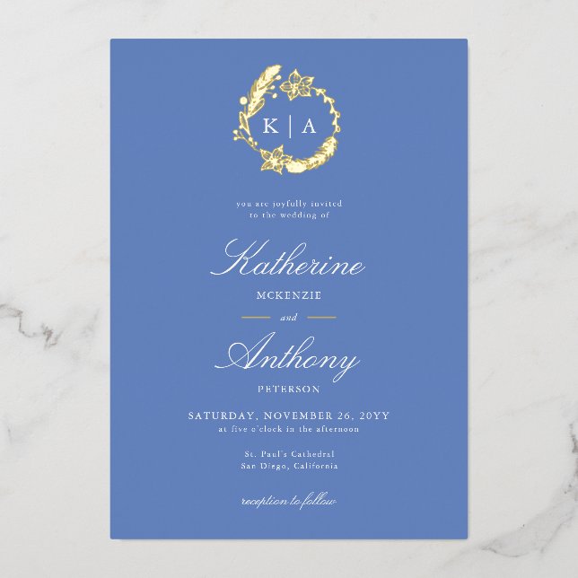 Elegant Winter Blue Gold Crest Monograms Wedding (Front)