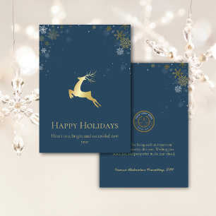 Elegant Winter Blue Gold Deer Business Logo Holiday Card