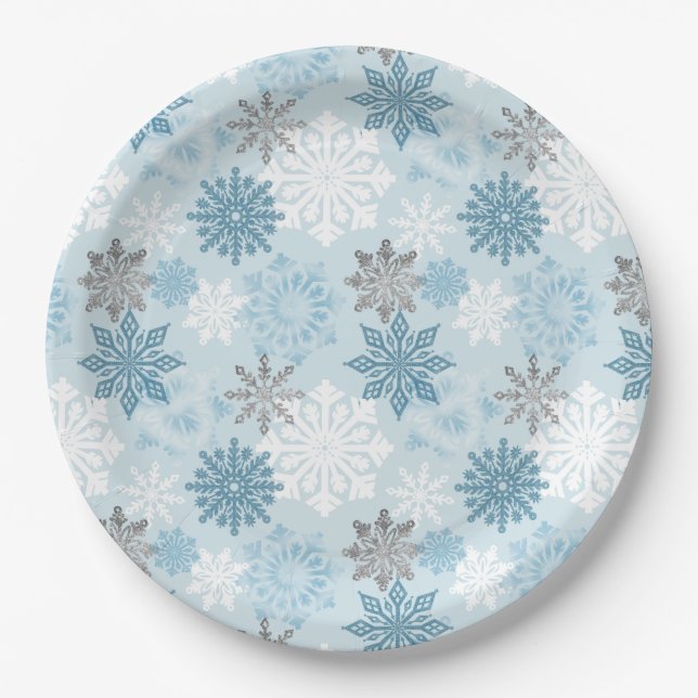 Elegant Winter Blue Silver Glitter Snowflakes Paper Plate (Front)