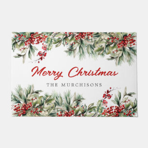 Elegant Winter Botanical Christmas Holiday Party Doormat