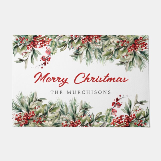 Elegant Winter Botanical Christmas Holiday Party Doormat (Front)