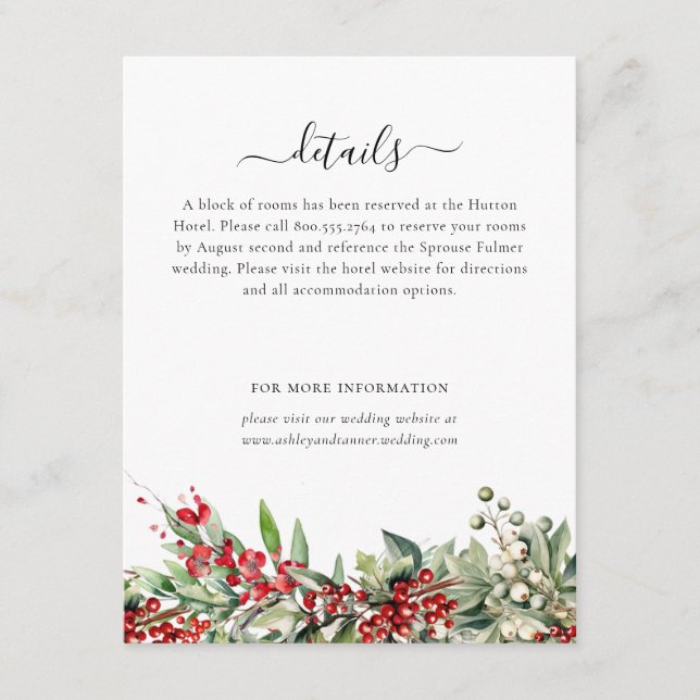 Elegant Winter Botanical Christmas Holiday Wedding Enclosure Card (Front)