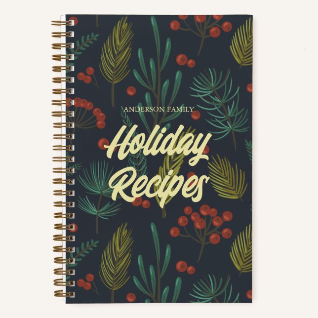 Elegant Winter Botanical Holiday Recipe  Notebook (Front)