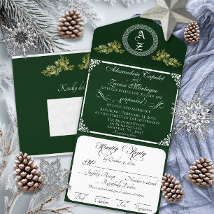 Elegant Winter Botanical Monogram - Emerald All In One Invitation