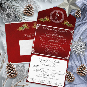 Elegant Winter Botanical Monogram - Red All In One Invitation