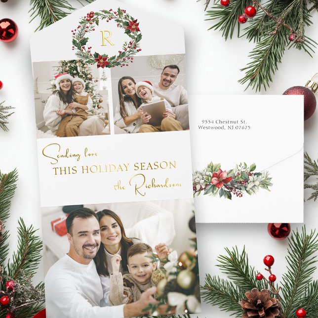 Elegant Winter Botanical Wreath 2-Photo Foil All In One Invitation (Creator Uploaded)