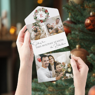 Elegant Winter Botanical Wreath w/Monogram 2-Photo All In One Invitation