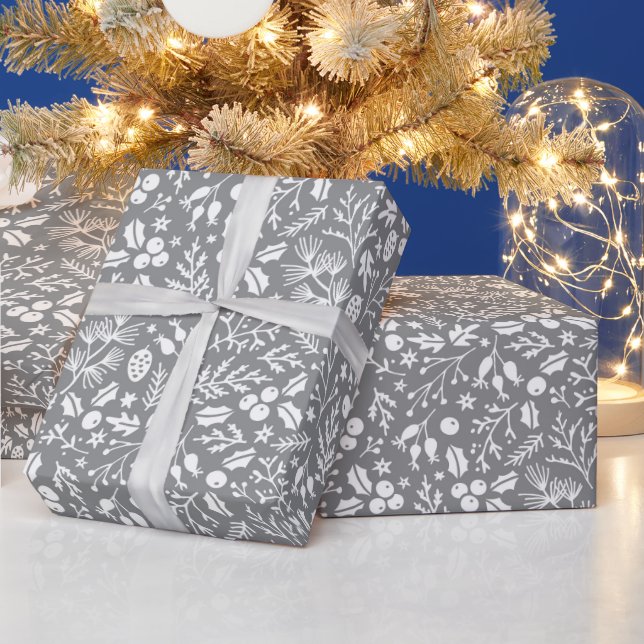 Elegant Winter Botanicals in Grey & White Wrapping Paper (Holidays)