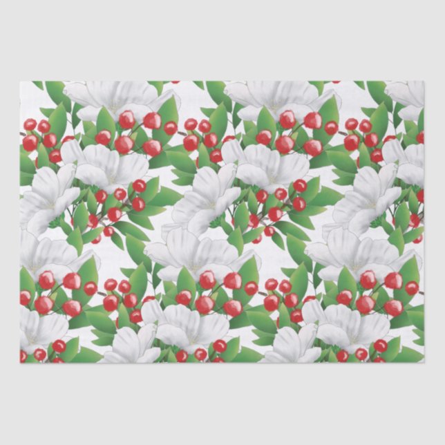 Elegant Winter Bouquet White Red Green Floral Tissue Paper (Front)
